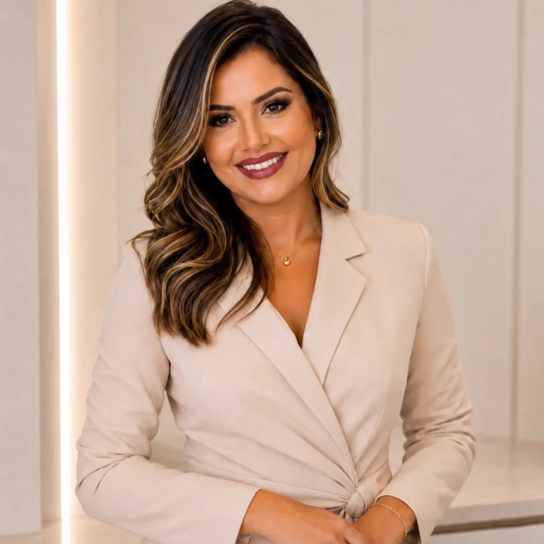 Dra. Karolyna Borges, cirurgiã-dentista da Clínica Vitae, sorrindo, de blazer claro